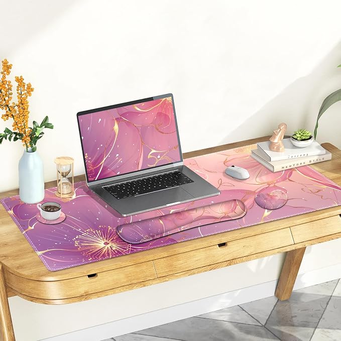 Desk Mat Pad, Gaming Mouse Pad Wrist Support Set, 4 in1 Non-Slip Large Mousepad + Ergonomic Keyboard Wrist Rest+Mouse Wrist Rest+Coaster for Home Office Computer I Pink Purple Gold Floral