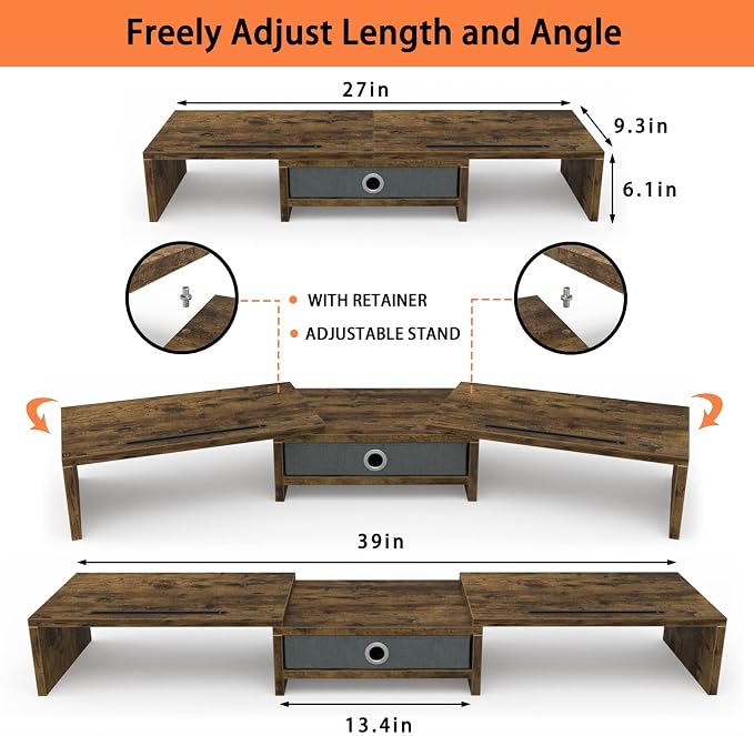 WESTREE Dual Monitor Stand Riser with Drawer, Monitor Stand Riser for 2 Monitors, Adjustable Length and Angle, 2 Solts for Phone & Tablet, Desktop Organizer Stand for Computer/Laptop/PC/Printer