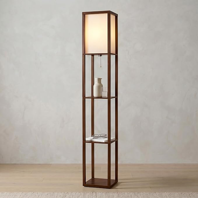 Brightech Maxwell - Modern Shelf Floor Lamp with Lamp Shade & Warm White LED Bulb, Corner Display Floor Lamp with Shelves for Living Room, Bedroom, Nightstand Office, Home Decor Storage - Havana Brown