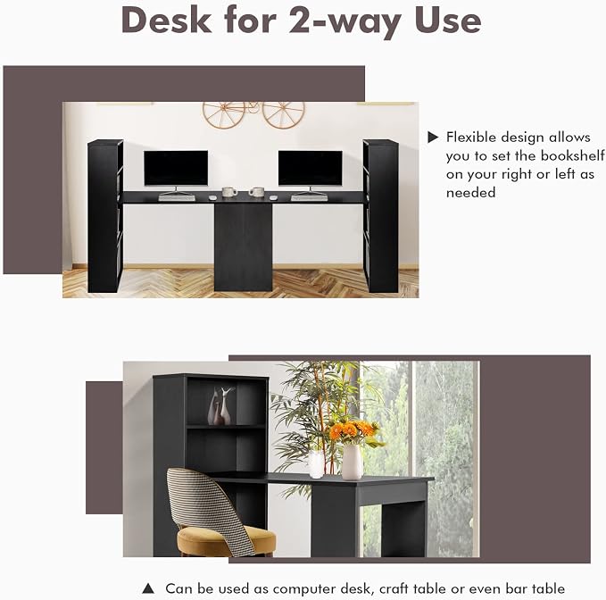 COSTWAY Computer Desk with Shelves, 48” Study Writing Desk with 6-Tier Storage Shelves, Reversible Study Workstation w/Wide Base for Home, Office & Dorm, Easy Assembly