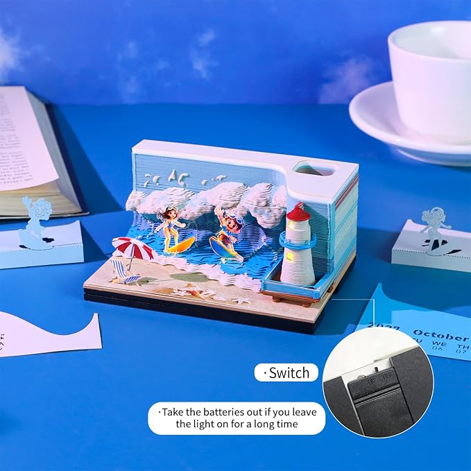3D Time Piece Calendar, 2027 Desk Calendar With LED Light, 3d Tree Memo Pad Creative Desk Calendar, Christmas Gift for Colleague Friend, Desktop Decoration (Surf)