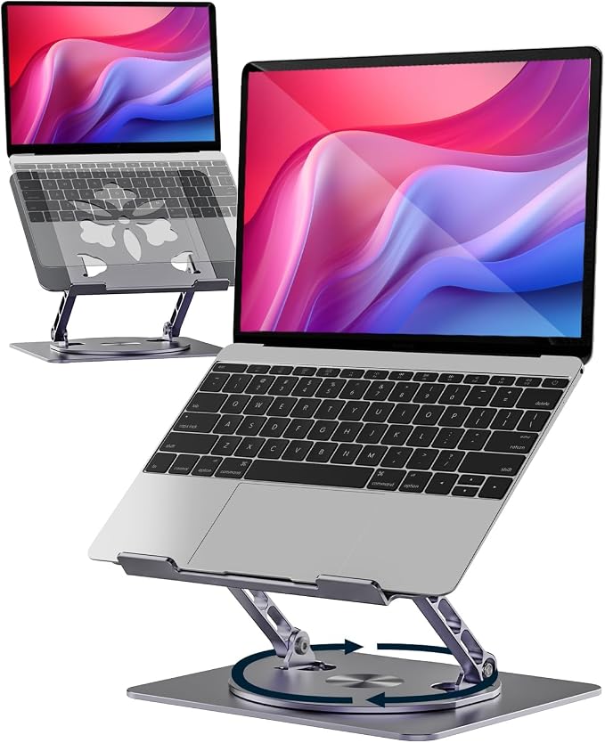 Aoviho 360° Rotating Laptop Stand for Desk | Adjustable, Foldable, Portable Aluminum Ergonomic Riser | Compatible with MacBook, Dell, HP & All Laptops 10-16 inch | Gray