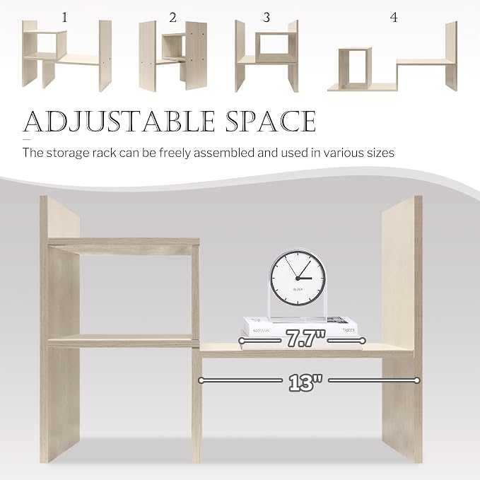 Jerry & Maggie Desktop Organizer Office Storage Rack Adjustable Wood Display Shelf, White, 5 Units, 16"L x 15.8"H x 6.8"W | Wooden Desk Organizer, Cute Dorm & Cubicle Decor. Stores Makeup & Mini Plants, Space-Saving Storage for Small College Rooms