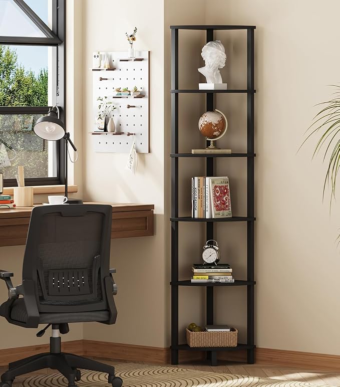 VIMBER Corner Shelf, 6-Tier Corner Bookshelf, Industrial Corner Ladder Shelf, DIY Storage Shelves, Modern Display Shelf for Living Room, Bedroom, Kitchen, Home Office, Black UJSJ004B