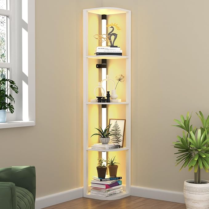 VTRIN Corner Shelf with Light, Floor Lamps with Shelves for Living Room, Small Space, Modern Home Decor Stand Sturdy 5-Tier Corner Bookshelf Cabinet Display Shelf for Collectibles, White