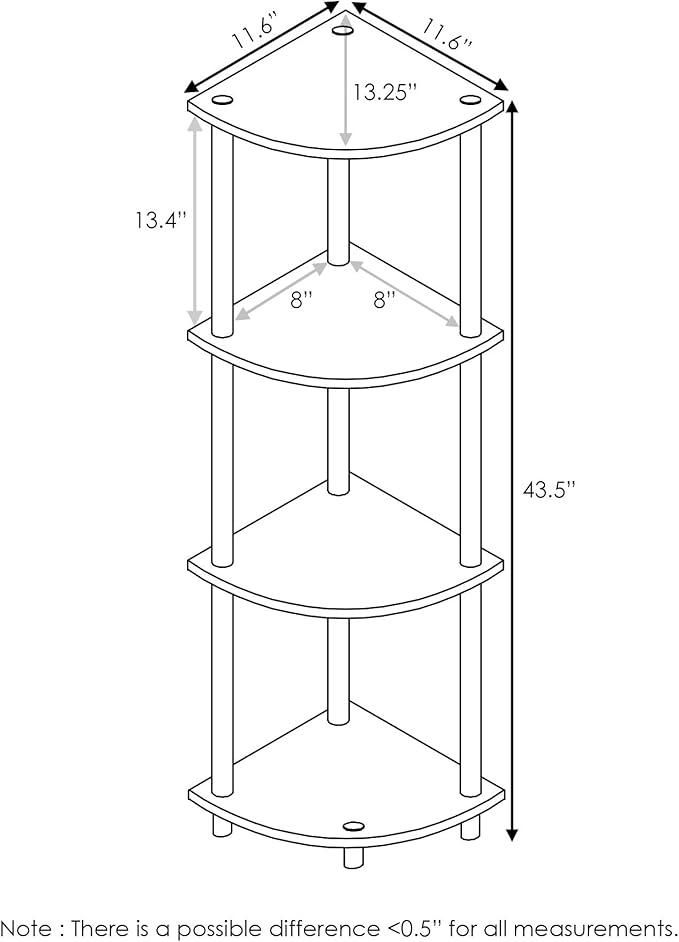 Furinno TURN-N-TUBE Corner Shelf, 4-Tier Corner Bookshelf, Display Storage Shelves with Open Shelves, for Organization and Storage, Living Room, Home Office, Garage, Dark Brown Grain