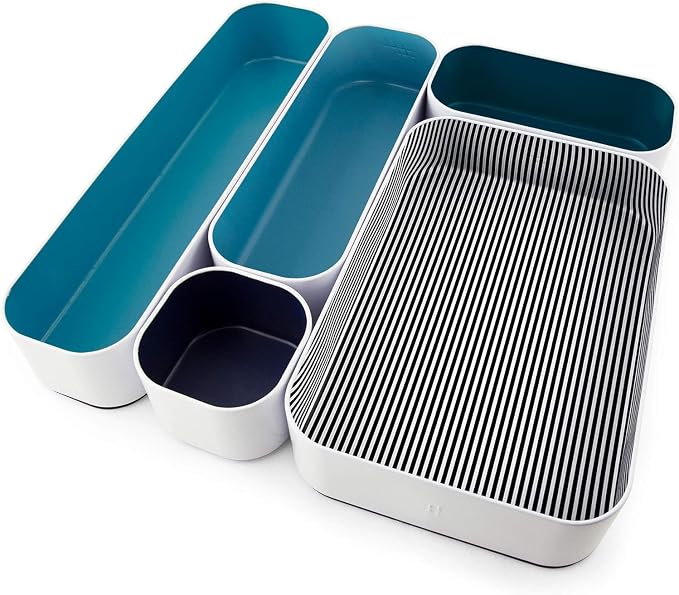Three by Three Seattle Metal Drawer Organizer Tray Set, 5-Pc, 2" (Assorted) | Deep 2" food-safe metal bins; soft non-scratch base; perfect for kitchen utensils, tools & bulkier drawer items