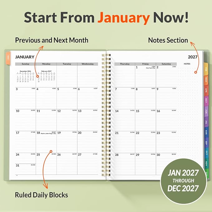 SUNEE 2027 Appointment Book, Quarter-Hourly, Weekly Monthly Planner, 8.5"x11",Sage Green