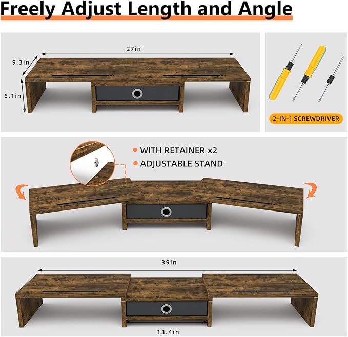 WESTREE Dual Monitor Stand Riser with Drawer, 3 Shelf Computer Monitor Riser with Adjustable Length and Angle, Desktop Monitor Stand Riser Storage Organizer for 2 Monitors