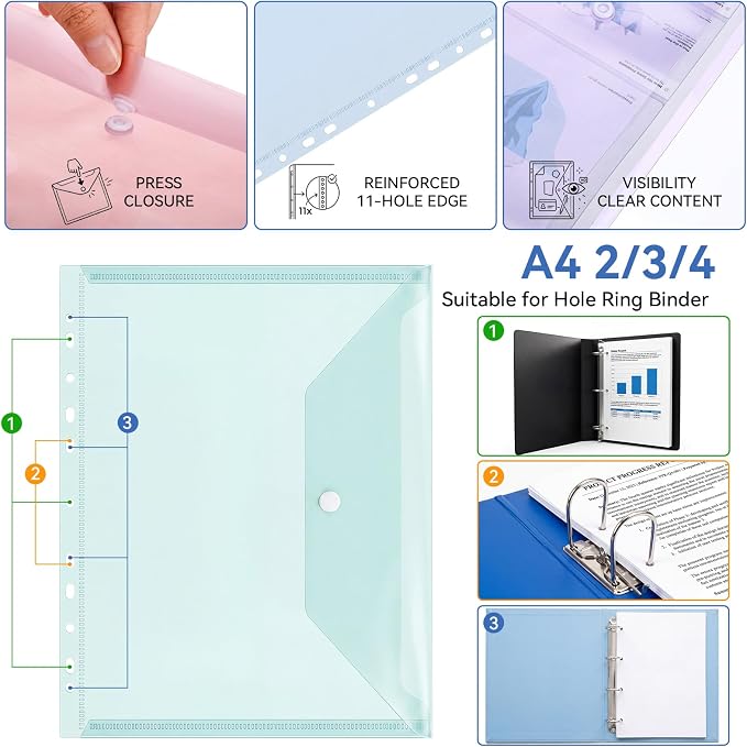 Handepo 200 Pack Binder Pockets Bulk, Plastic Binder Folders with Tight Closure Side Loading, Assorted Colors Transparent Folders Dividers with Pockets for Document Paper Home Office Supplies