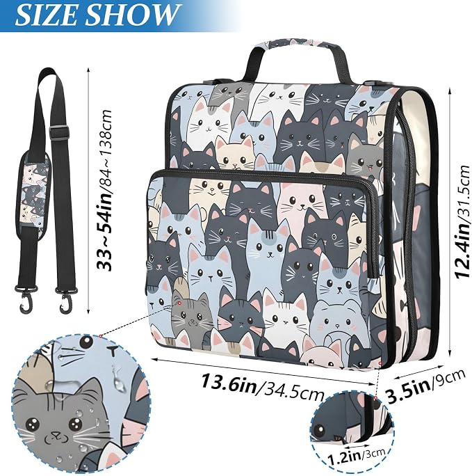3 Ring Zipper Binder with Shoulder Strap Cat Cute Blue 1.5 inch Binders Keeper Large Capacity Multi Pockets for School Office Supplies