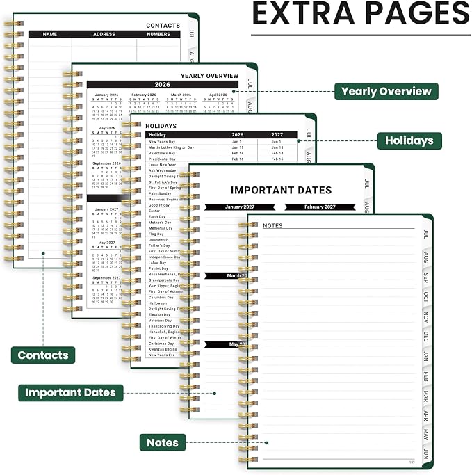 Taja Planner 2026-2027, Jul 2026-Jun 2027 Monthly & Weekly Calendar Book | 8.5" x 11", Hardcover Academic Calendar with Tabs, Teacher Student Agenda Book for School Office Supplies - Dark Green