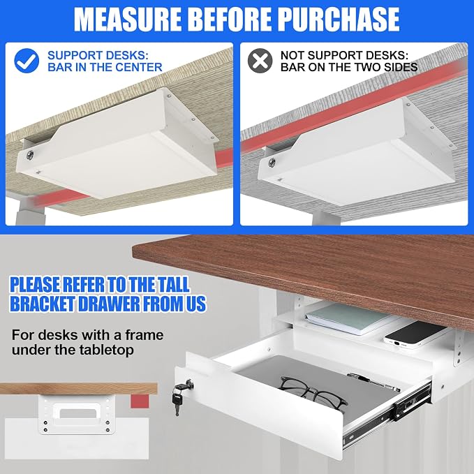 Under Desk Drawer Storage with Lock, Metal Undermount Table Drawer, Ball Bearing Slides Out Tray Organizer for Paper, Pencil, and Laptop,16"x11.8"x3.6", White With Power Strip