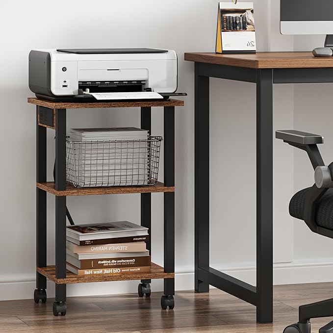 TUTOTAK Printer Stand, 3 Tier Rolling Printer Cart with Charging Station | Small Under Desk Printer Table with Wheels for Small Space, Office, Home, Brown PS02BB001