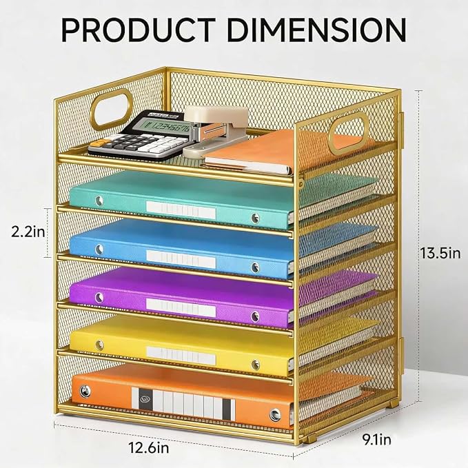 6 Tiers Letter Tray Paper Organizer with Handle, Mesh Desk File Organizer, Metal Desktop Document Shelf Organization, Paper Sorter Organizer for Office, Home or School File Folder Holder (Gold)