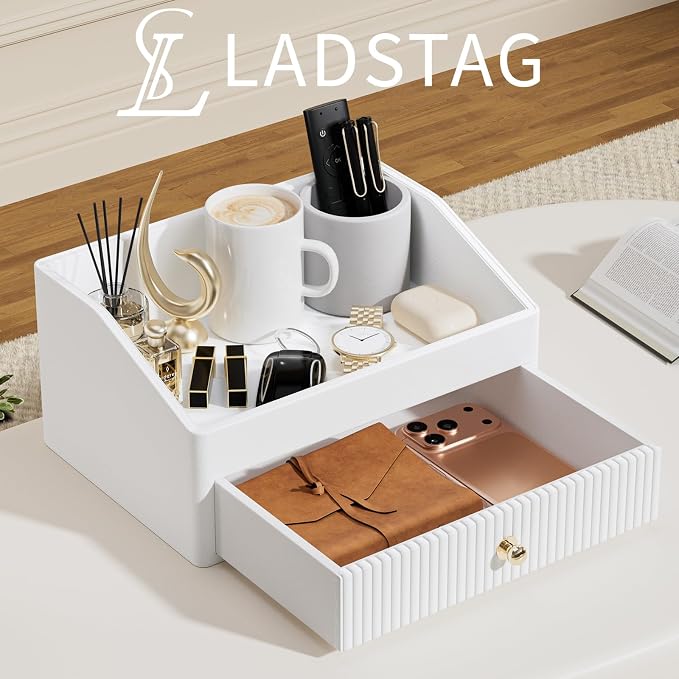 LADSTAG Office Desk Accessories,Beige White Vegan Leather Office Organizer with 1 Drawer & Tray,Pen Holder with Gold-Tone Metal Accents Knob for End Tables,Bedside Table,Bedroom.