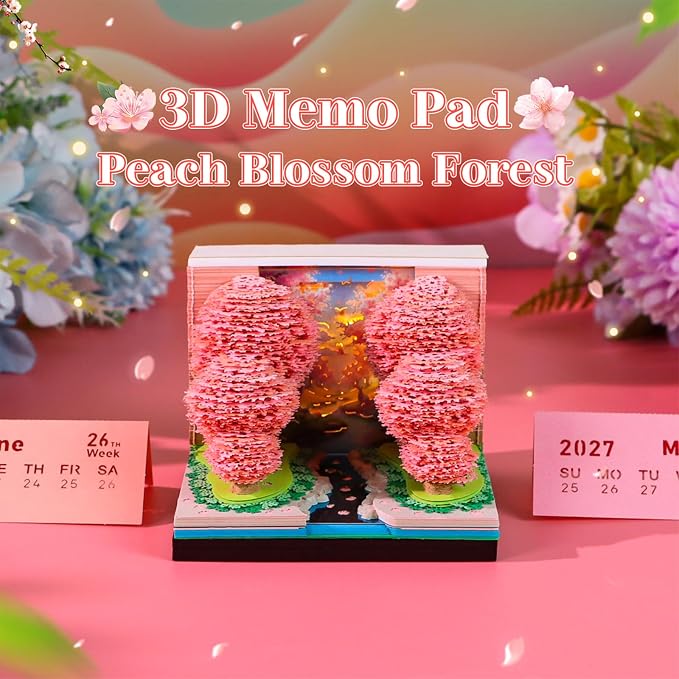 Time Piece Calendar 2027 Desk Calendar with LED Light 3D Tear-away Paper Carving Art Memo Pad Notepad Gift for Christmas Housewarming Desktop Decoration (Peach forest)