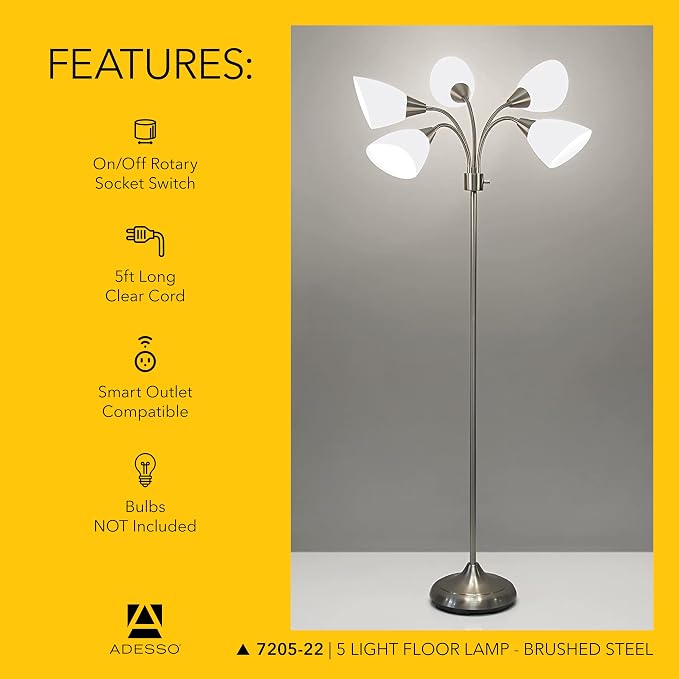 Adesso Floor Lamp with 5 Movable Shades & Adjustable Brightness, Brushed Steel Finish, Silver Perfect Lighting for Bedroom Decor, Beauty & Art Studio