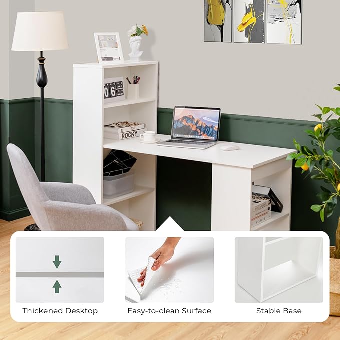 GRAFFY Computer Desk with 6 Storage Shelves - 48" Reversible Writing Desk Workstation with Bookshelf and CPU Stand, Modern Compact Office Desk for Bedroom, Study, Home, Office (White) | Reversible Writing Desk with 6 Storage Shelves, Modern Compact Off...