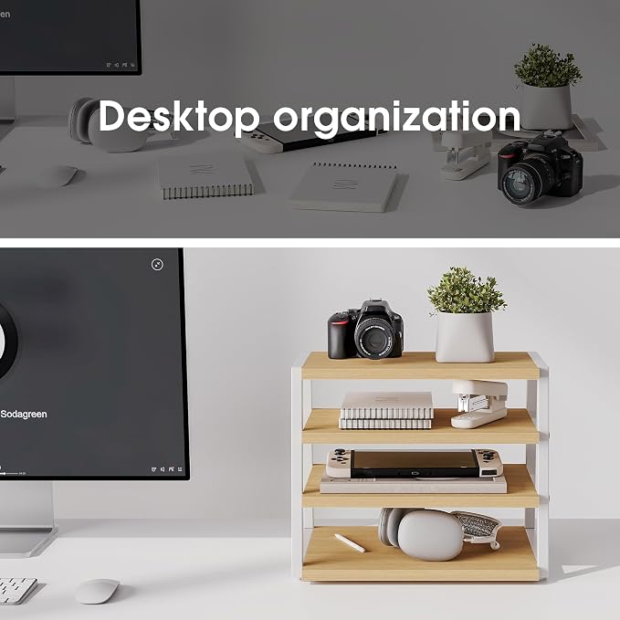 Fenge Desk Shelf Organizer, 4-Tier Tower Desktop Office Shelves, Oak | Wood and Metal Open Shelf, Corner File Organizer for Office Supplies, Top of Desk Organizers and Accessories