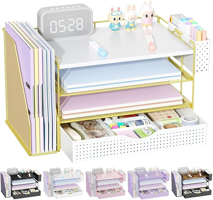 gianotter Wood Desk Organizers and Accessories with File Holder, 4-Tier Desk Accessories & Workspace Organizers with Drawer and Pen Holder, Desk Reference Organizer (Gold, 4T with Drawer)