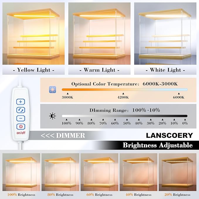 LANSCOERY Acrylic Display Case for Collectibles, 5-Tier LED Light, Wood | 3mm clear acrylic panels with front door access and tri-color top light for small figures on a desk or shelf.