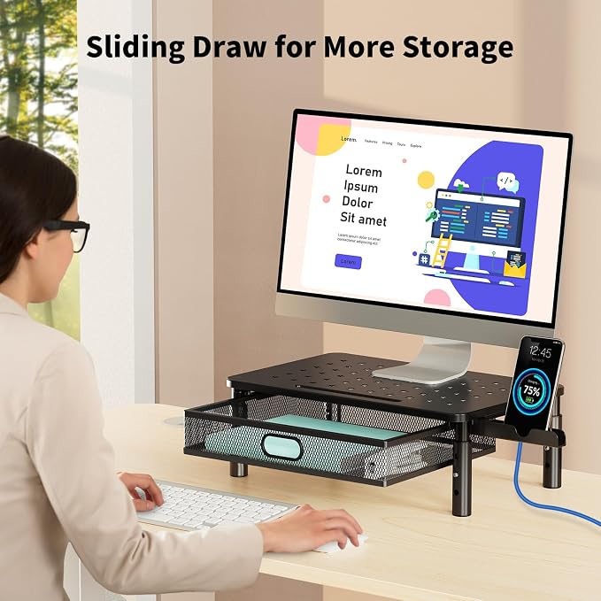 Zimilar 2 Pack Monitor Stand Riser with Metal Drawer, 3 Height Adjustable | Monitor Riser with Phone Holder for Printer, Laptop, Premium Metal Computer Monitor Stand with Storage for 2 Monitors