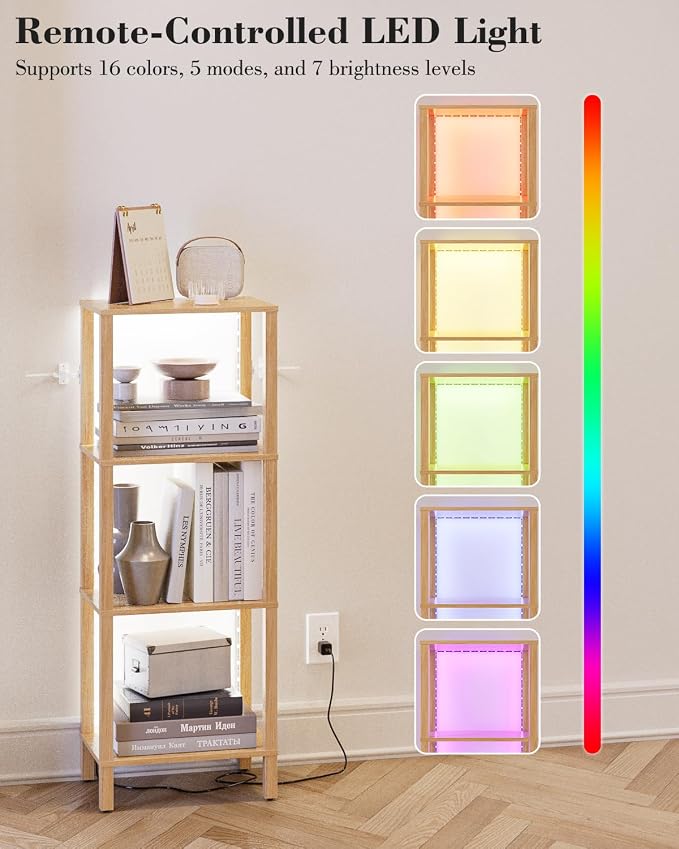 Open Book Shelf with LED Lights, 4 Tier Small Bookshelf, Freestanding Shelf Narrow Bookcase with Open Shelves, 14.96" x 10.63" x 41.26", Book Shelves for Living Room, Office, Study, Oak
