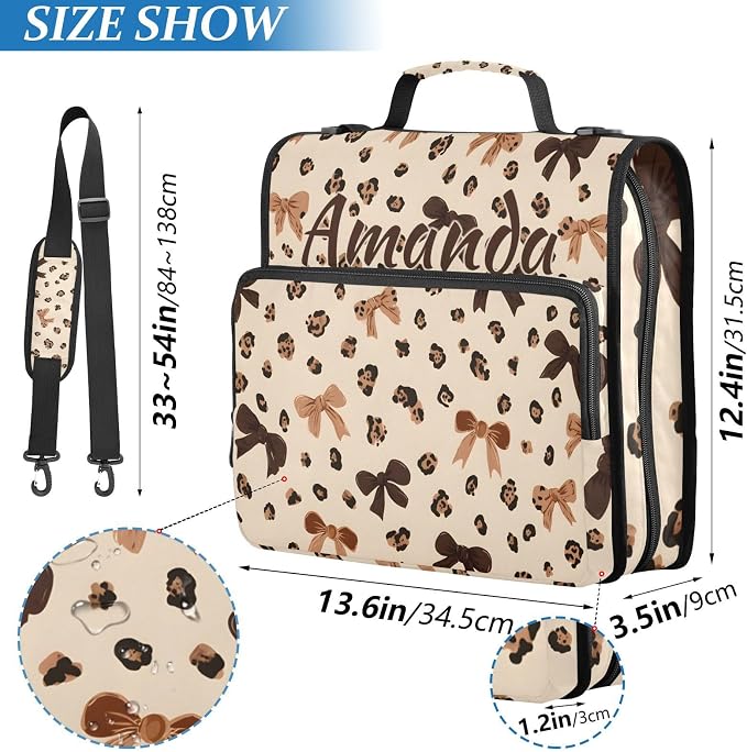 Custom 3 Ring Zipper Binder Leopard Print Bow Pattern Personalized Name 1.5 inch Binders Large Capacity Multi Pockets for School Office Supplies