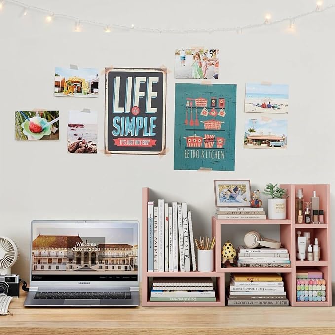 NUTIKAS Desk Shelves Desktop Organizer Shlef - Pink Office Organization for Top of Desk Organizers and Accessories Corner Bookshelf Table Top Shelving Small Hutch Decorations for Office