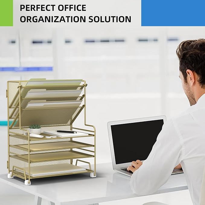 MINDEPOT 4-Tier Paper Organizer + 3-Pocket File Holder + Drawer + Pen Holders, Desktop File Organizers Paper Tray for Office Supplies School Classroom Organization (Gold, no Drawer & Pen Holder)