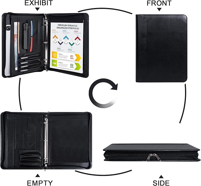 Black Vegan Leather Binder Portfolio for Women and Men,3 Ring Portfolio Binder with Zipper, A4 Planner Padfolio with Laptop Pocket,Legal Size Folio,Work padfolio Organizer for Women