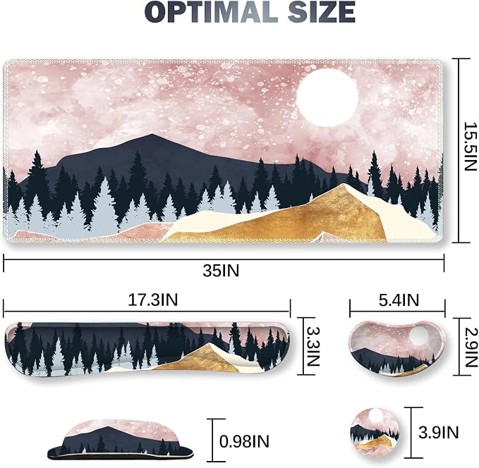 Extended Gaming Mouse Pad Set, Keyboard Wrist Rest Support Pad + Wrist Cushion + XXL Large Mouse Pad + Coaster, Stitched Edge, Non-Slip, Memory Foam Desk Mat, Pink Abstract Mountain