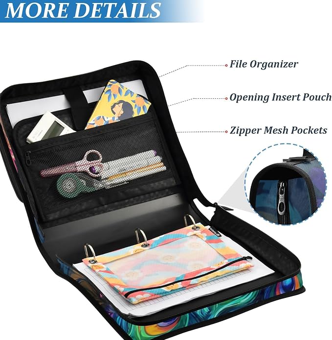 Beautiful Peacock 3 Ring Zipper Binder with Handle 1.5 inch Binder Organizer Bag, Multi Pockets Office File Folder Bag with Shoulder Strap 500 Sheet Capacity