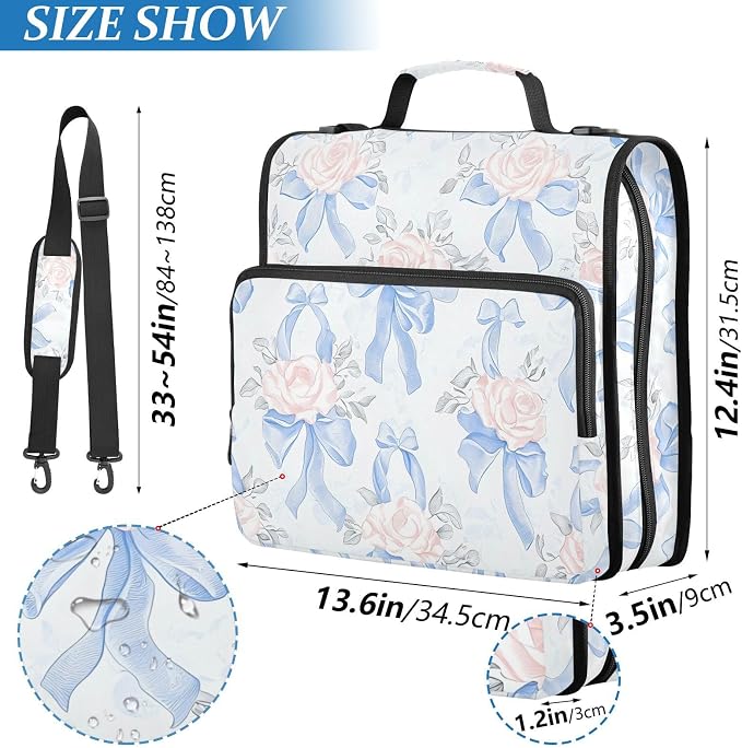 Blue Bows Pink Roses 3 Ring Binder Bag 1.5 inch Binder Organizer with Zipper Shoulder Strap 500 Sheet Documents Storage for School Office