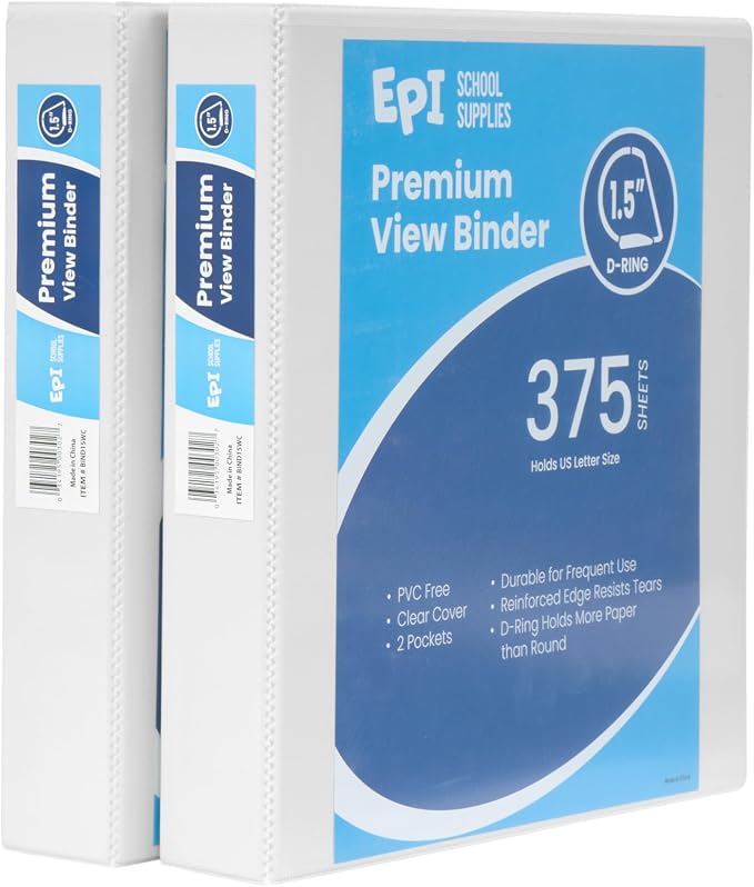 12 Pack White 3-Ring Binders, 1.5", Slant D-Ring, Durable, EPI Premium, Heavy Duty, Holds 375 Sheets, Clear View Presentation, Non-Stick, 2 Inside Pockets, Organizer for School, Home Office