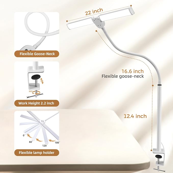 Motumen Led Desk Lamp for Home Office, Eye-Care Desk Light Clamp, White | Smart Double Head Computer Monitor Table Clip Lamp, Adjustable Flexible Goose-Neck, 25 Lighting Models, Task Lamp