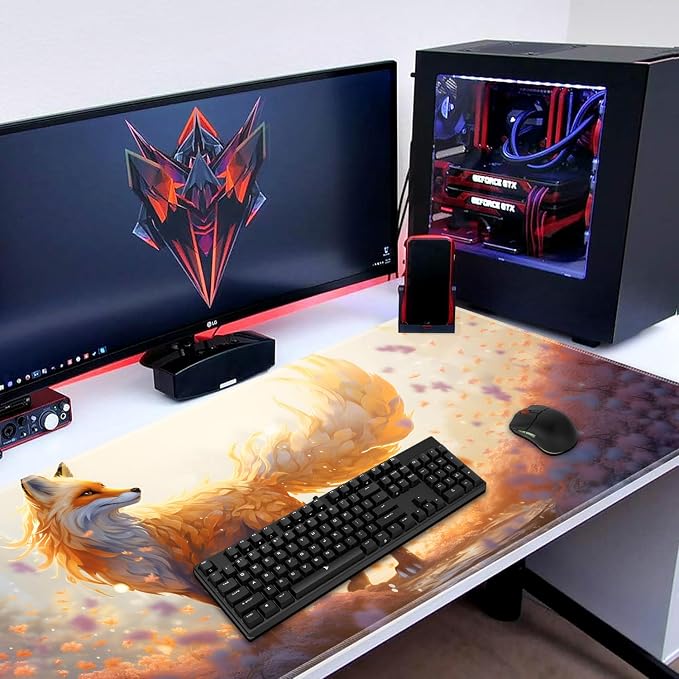 Extended Gaming Mouse Pad 31.5" x 11.8", with Edge Stitching, Non-Slip Rubber Base Keyboard Pad, Suitable for Work, Game, Office, Home and Coasters, Fox