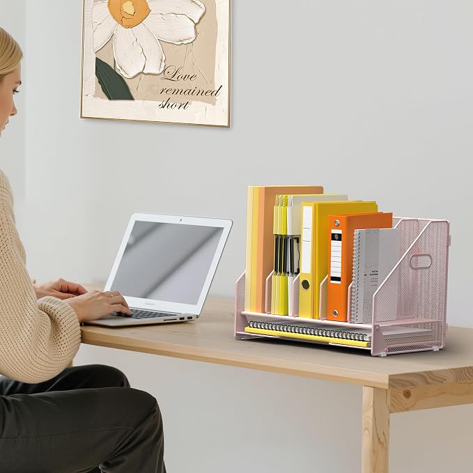 Docnest Mesh Desk File Organizer, 5 Vertical Compartment Box Sorter, Pink | Features 4 removable middle dividers for custom spacing and a bottom letter tray to hold paper, mail, and documents