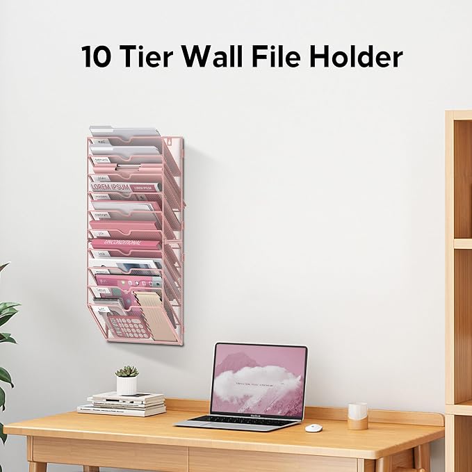 10-Tier Wall File Organizer and Hanging File Organizer, Pink | Wall Organizer and Wall Mounted File Holder with 10 Pockets and Label Panels for Files, Mail, Folders, Magazines and Paper