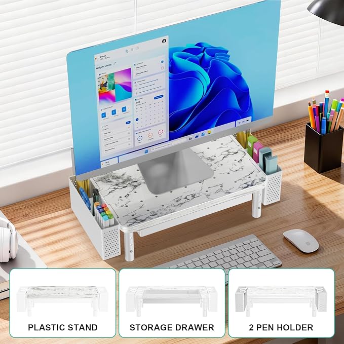 WALI Computer Monitor Stand with Storage, Desk Organizer with Drawer and Pen Holder, Desk Monitor Riser 3 Height Adjustable, Laptop Riser for Computer, Laptop, Printer(PTT003-M), 1 Pack, Marble