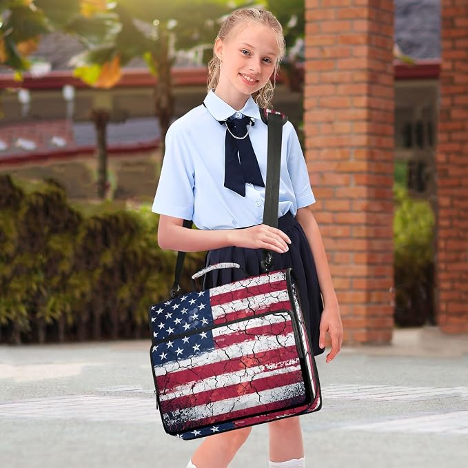 Retro American Flag 3 Ring Binder Bag 1.5 inch Binder Organizer with Zipper Shoulder Strap 500 Sheet Documents Storage for School Office