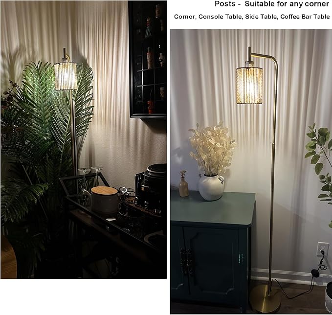 66" Gold Floor Lamp for Living Room, Boho Floor Lamp with LED Bulb, Foot Switch, Rattan Shade, Industrial Tall Farmhouse Standing Lamp for Bedroom, Dining Room, Study Room, Office