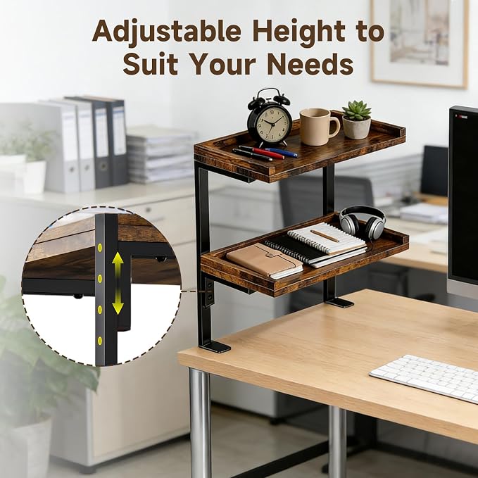 Clamp on Desk Shelf,2-Tier Office Desk Shelves Organizer, Expandable Under Desktop Storage,Wood Desktop Storage Rack for Home Workspace, Study Rooms,Gaming Devices (Brown)