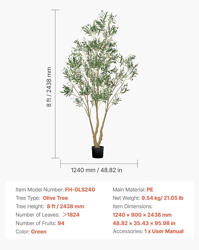 VEVOR 8FT Artificial Olive Tree with Black Pot, Tall Fake Tree with Natural Wood Trunk & Realistic Green Leaves and Fruits, Indoor Faux Plant for Home, Office, Living Room, Corner Decor
