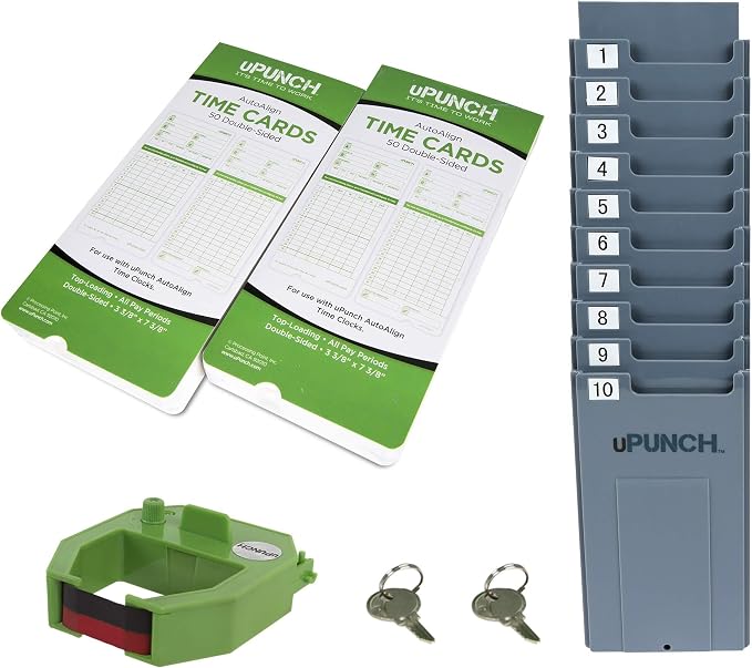 uPunch JC1500 Starter Time Clock Bundle for Small Business: Employee Punch Clock System with 100 Time Cards, Card Rack, and Ribbon