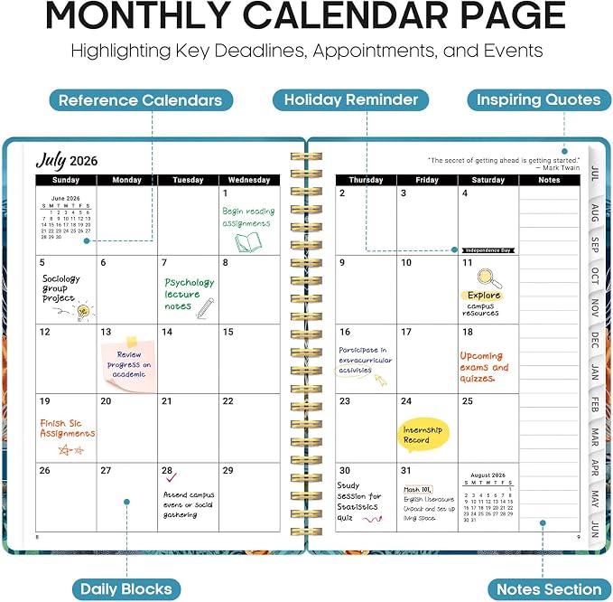 Taja Planner 2026-2027, Jul 2026-Jun 2027 Monthly & Weekly Calendar Planner | 6.3" x 8.5", Hardcover Academic Calendar, Teacher Student Agenda Book with Tabs, School Office Supplies, Deep Bearings