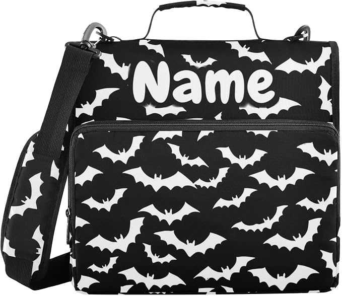 Custom White Bat Black Print 3 Ring Binder Bag 1.5 inch Personalized Name Binder Organizer 500 Sheet Documents Storage for School Office