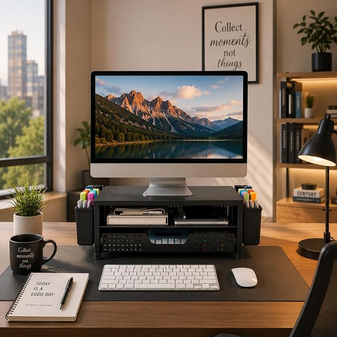 2-Tier Monitor Stand with Drawer, Metal Desk Riser, Black | Dual pen holders, storage shelf, keyboard space, home office, study desk, workspace organization
