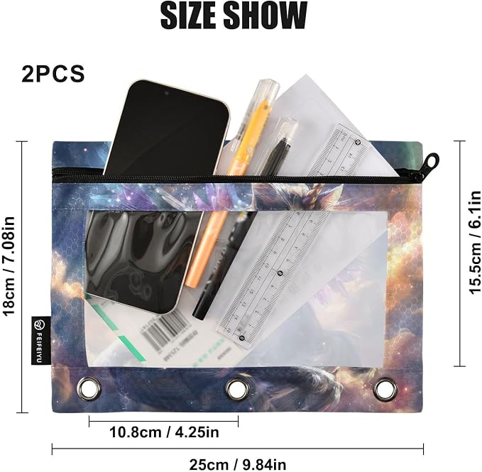 Unicorn Cat with Wings Pencil Pouch for 3 Ring Binder, 2 Pack Waterproof Pencil Bags Clear Window Pencil Case Zipper School Office Supplies